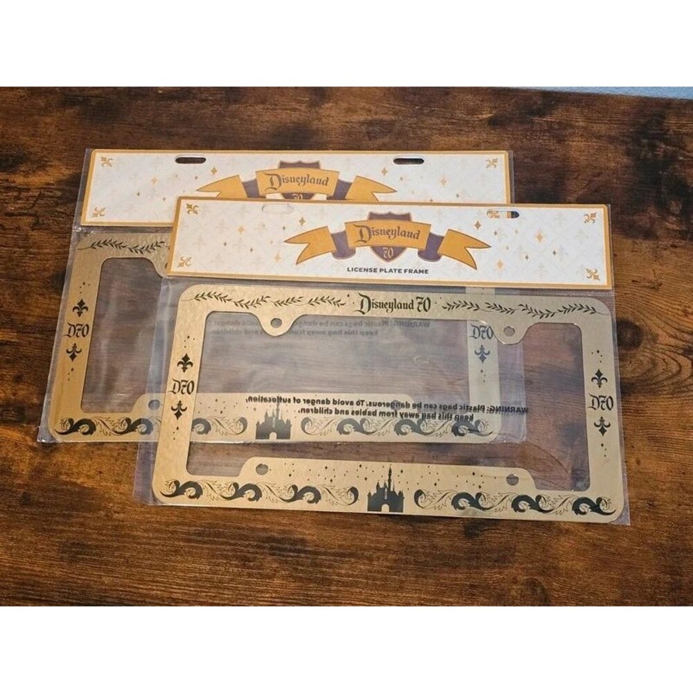 NWT Disneyland 70th Anniversary Gold License Plate Frame Set
